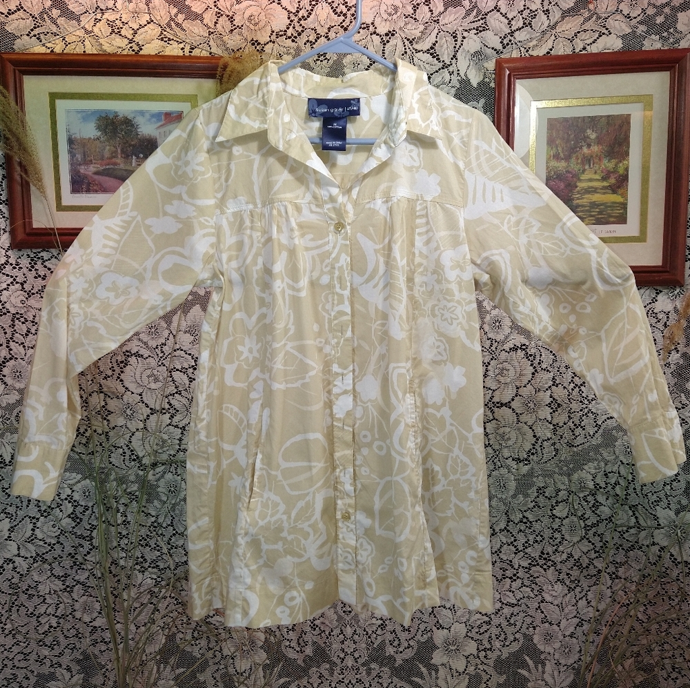Susan Graver tan white blouse floral abstract print long sleeve button up cotton